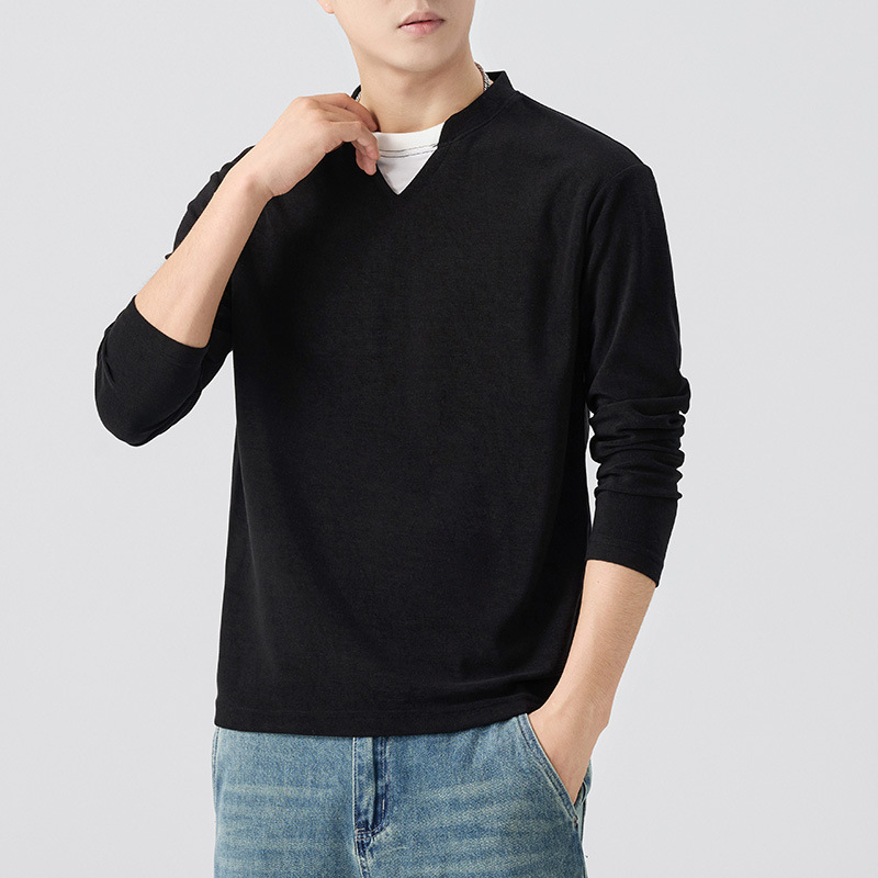 Ανδρικό μακρυμάνικο T‑shirt από Lyocell, φθινοπωρινό casual, φαρδιά γραμμή, στρογγυλός λαιμός, μονόχρωμο, σχέδιο κολάζ