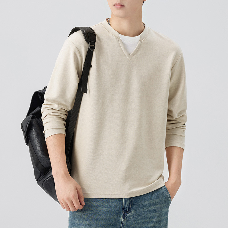 Ανδρικό μακρυμάνικο T‑shirt από Lyocell, φθινοπωρινό casual, φαρδιά γραμμή, στρογγυλός λαιμός, μονόχρωμο, σχέδιο κολάζ