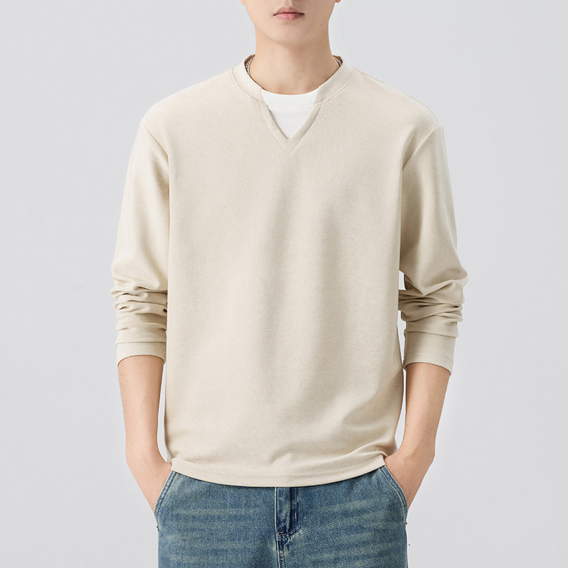 Ανδρικό μακρυμάνικο T‑shirt από Lyocell, φθινοπωρινό casual, φαρδιά γραμμή, στρογγυλός λαιμός, μονόχρωμο, σχέδιο κολάζ
