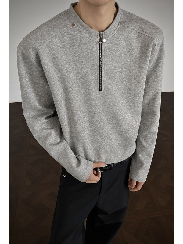 Muški T‑shirt s poluzipom i dugim rukavima od Mamba pamuka, američki street style, čist oblik, teške nite