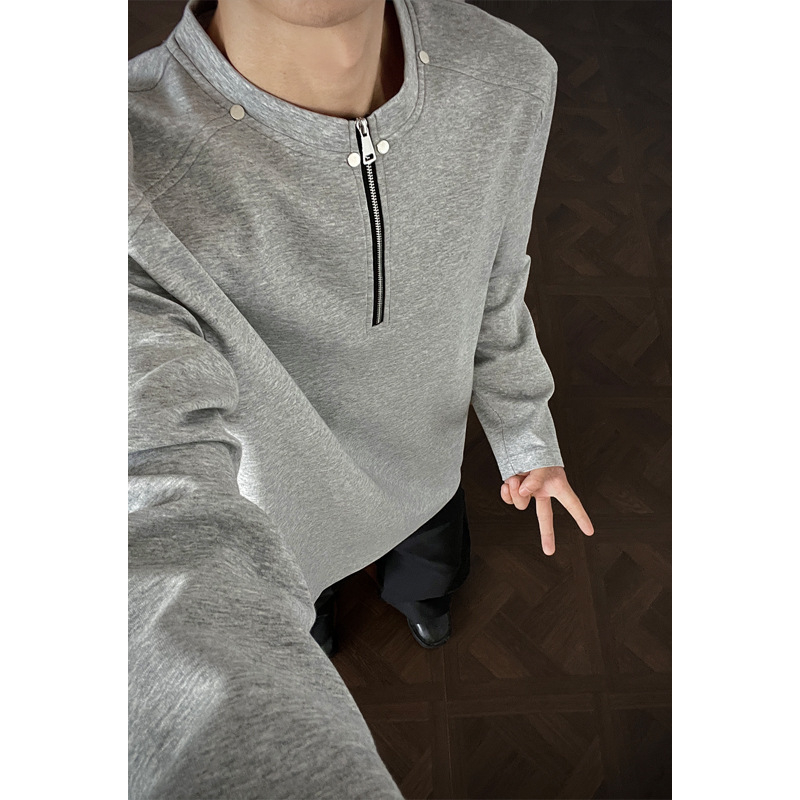 Muški T‑shirt s poluzipom i dugim rukavima od Mamba pamuka, američki street style, čist oblik, teške nite