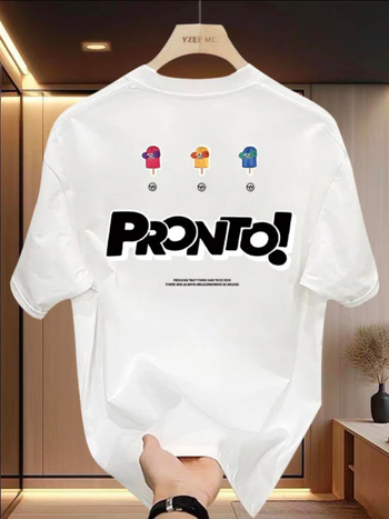 Ανδρικό T-shirt καλοκαιρινό με εκτύπωση καρτούν, βαριά ύφανση, φαρδιά γραμμή, λευκό