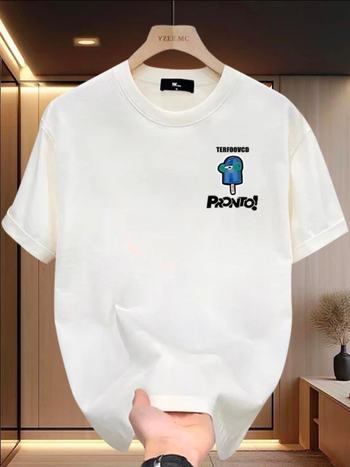 Ανδρικό T-shirt καλοκαιρινό με εκτύπωση καρτούν, βαριά ύφανση, φαρδιά γραμμή, λευκό