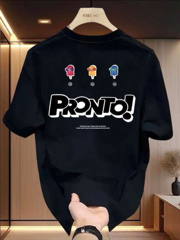 Ανδρικό T-shirt καλοκαιρινό με εκτύπωση καρτούν, βαριά ύφανση, φαρδιά γραμμή, λευκό