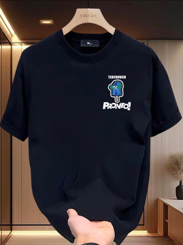 Ανδρικό T-shirt καλοκαιρινό με εκτύπωση καρτούν, βαριά ύφανση, φαρδιά γραμμή, λευκό