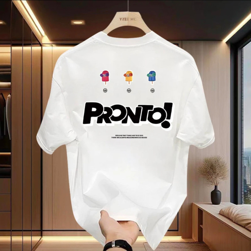 Ανδρικό T-shirt καλοκαιρινό με εκτύπωση καρτούν, βαριά ύφανση, φαρδιά γραμμή, λευκό