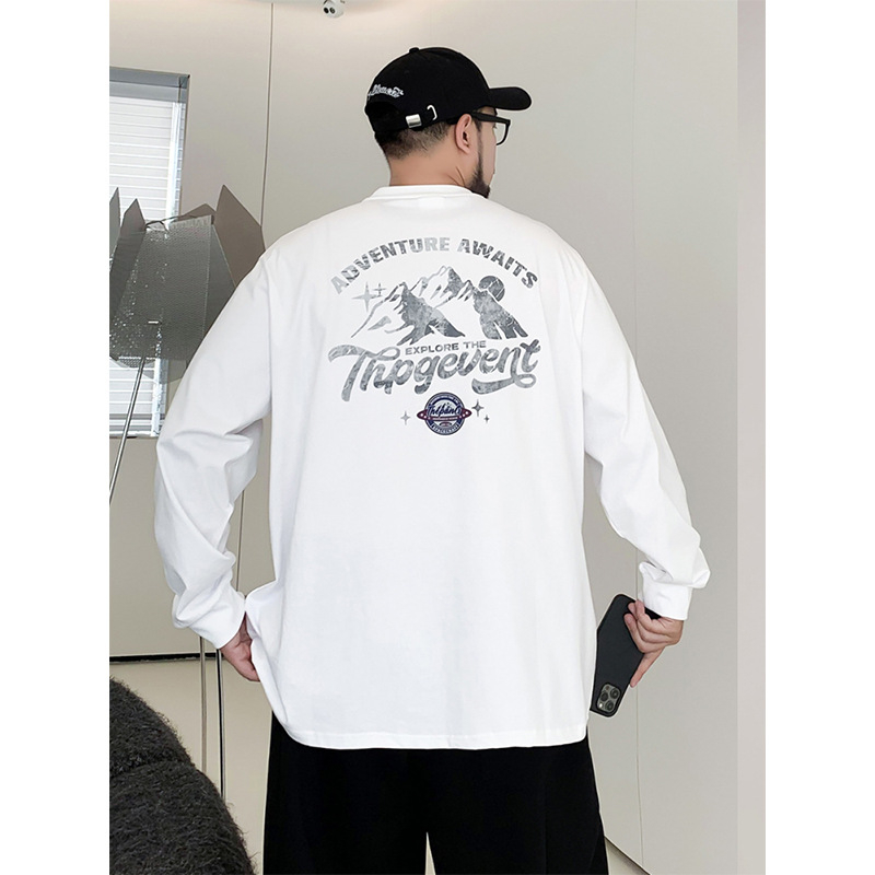 Muški pamukasti T-shirt s dugim rukavima, slobodan kroj, plus veličina, tisk s slovima, okrugli izrez, pogodan za proljeće i jesen