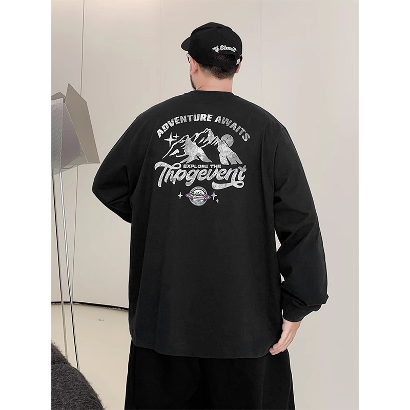 Muški pamukasti T-shirt s dugim rukavima, slobodan kroj, plus veličina, tisk s slovima, okrugli izrez, pogodan za proljeće i jesen