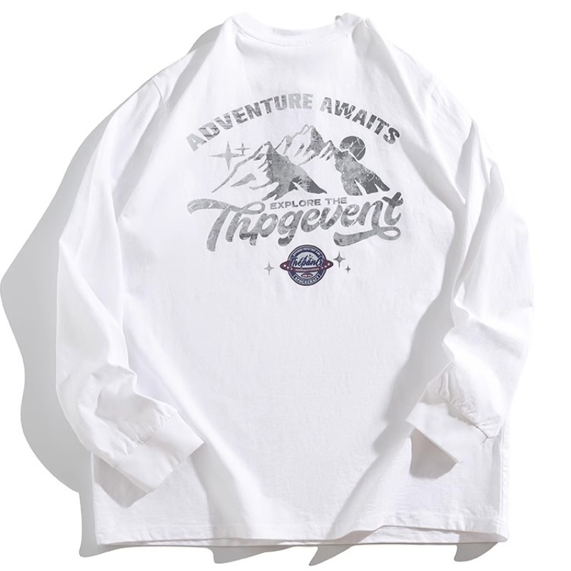 Muški pamukasti T-shirt s dugim rukavima, slobodan kroj, plus veličina, tisk s slovima, okrugli izrez, pogodan za proljeće i jesen