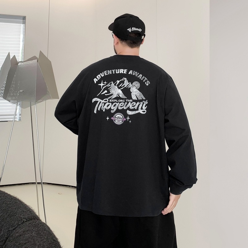 Muški pamukasti T-shirt s dugim rukavima, slobodan kroj, plus veličina, tisk s slovima, okrugli izrez, pogodan za proljeće i jesen