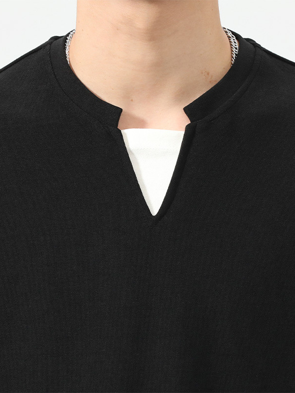 Ανδρική T-shirt με V-λαιμό, διπλής στρώσης σχεδίαση, χαλαρή γραμμή, βαμβακερό, μεγάλο μέγεθος, άνοιξη και φθινόπωρο