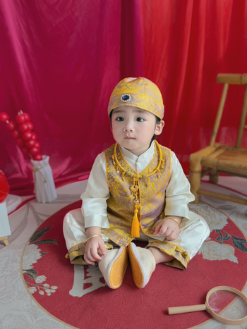 Σετ Hanfu για αγόρια για τα πρώτα γενέθλια, κινεζικός παραδοσιακός στυλ, άνοιξη-φθινόπωρο, κίτρινο μαντζουρά τζάκετ