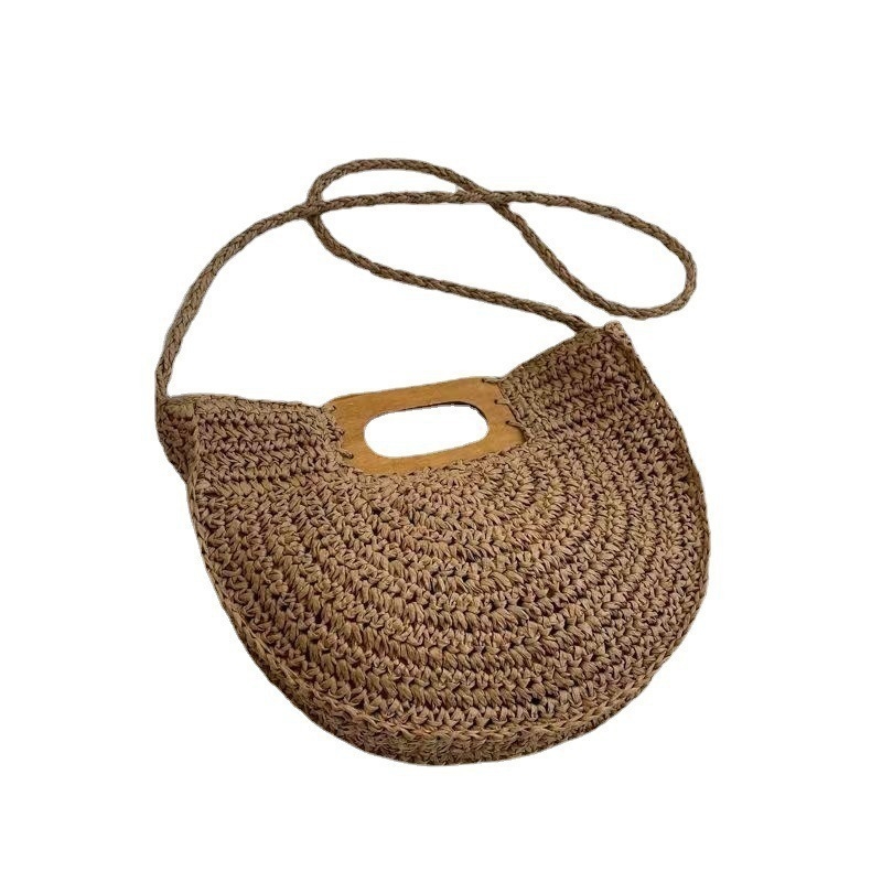 Nova ženska torba za crossbody s drvenom ručkom, polukružnog oblika, pletene trske, Mori retro stil, svakodnevna upotreba