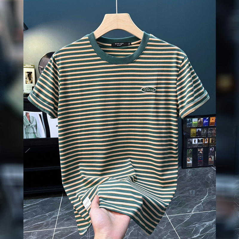 Muška kratka majica s prugama Ice Silk, rastezljiva, okrugli vrat, casual, opušten kroj