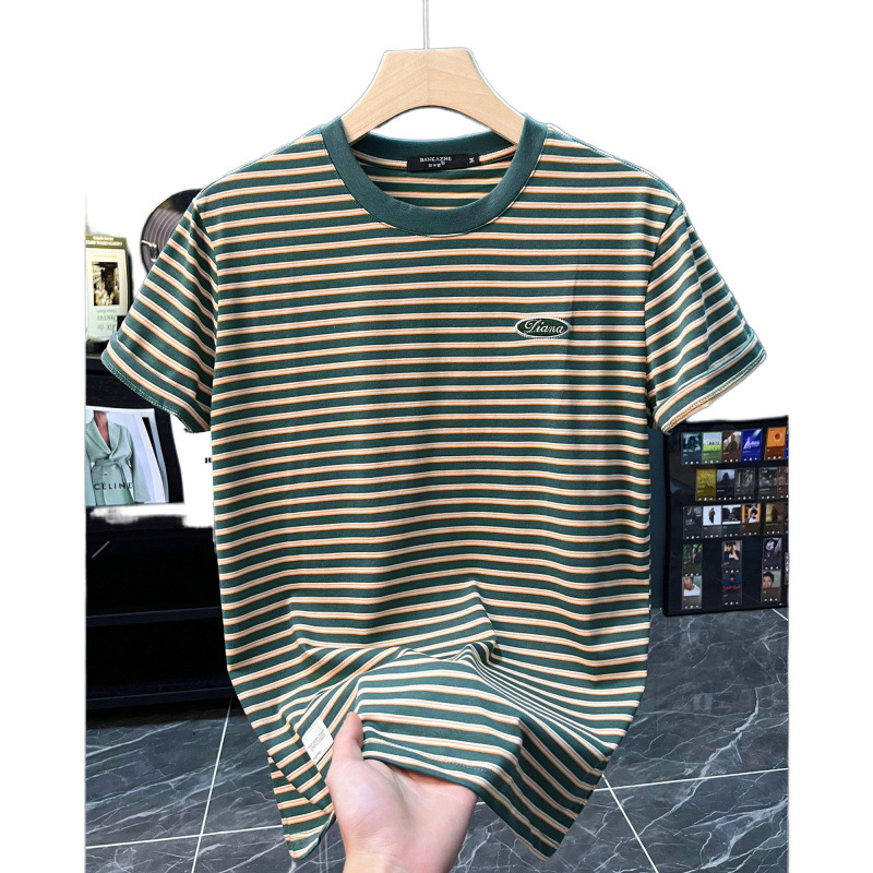 Muška kratka majica s prugama Ice Silk, rastezljiva, okrugli vrat, casual, opušten kroj