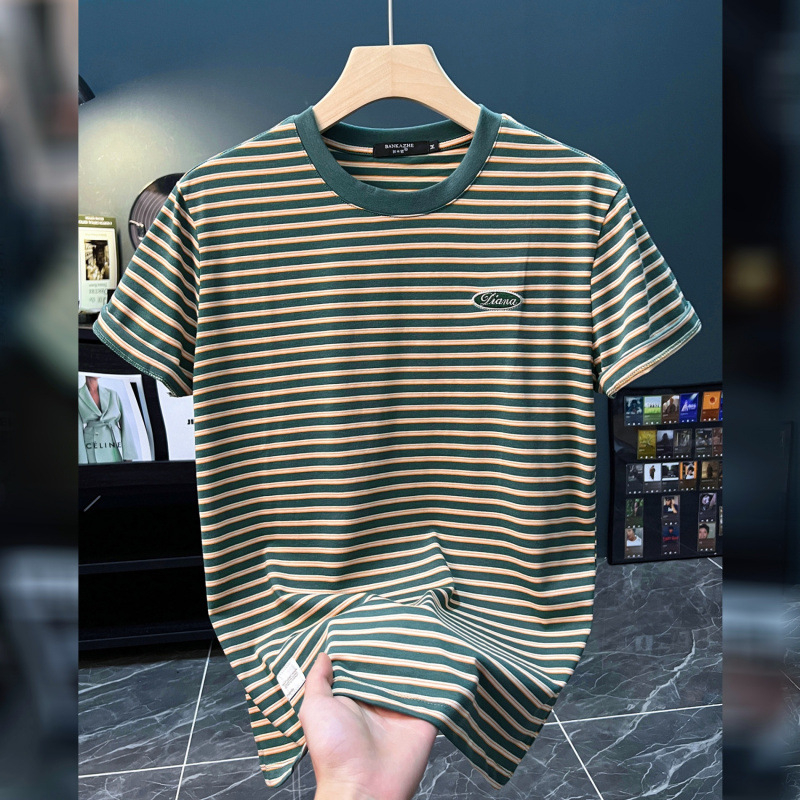 Muška kratka majica s prugama Ice Silk, rastezljiva, okrugli vrat, casual, opušten kroj