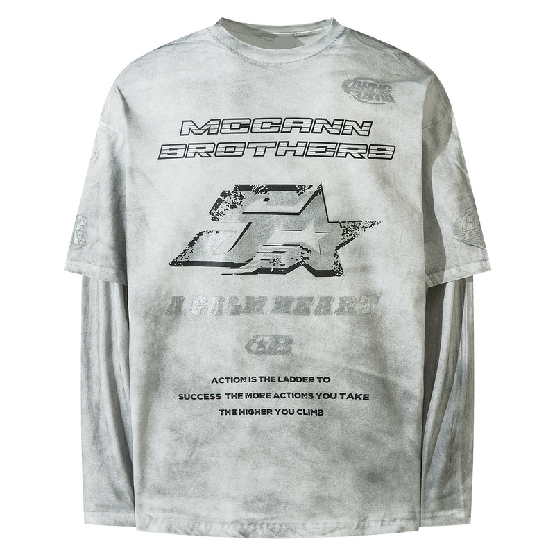 Αρχικό αμερικάνικο vintage μακρυμάνικο T‑shirt με εκτύπωση αστεριού και γραμμάτων, σχέδιο δύο μερών