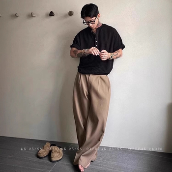 Muška majica s Henley ovratnikom, pletena, kratki rukavi, ljeto, Ice Silk rashladni materijal, brzo sušenje, američki retro stil