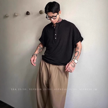 Muška majica s Henley ovratnikom, pletena, kratki rukavi, ljeto, Ice Silk rashladni materijal, brzo sušenje, američki retro stil