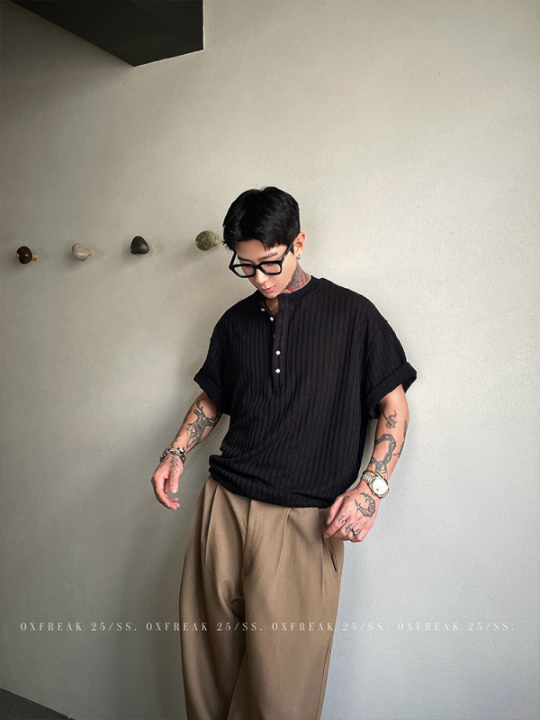 Muška majica s Henley ovratnikom, pletena, kratki rukavi, ljeto, Ice Silk rashladni materijal, brzo sušenje, američki retro stil