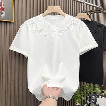 Ανδρική κοντομάνικη T-shirt από Ice Silk, μονόχρωμη, με ανάγλυφα γράμματα, χαλαρή γραμμή, στρογγυλός λαιμός, βασικό τοπ