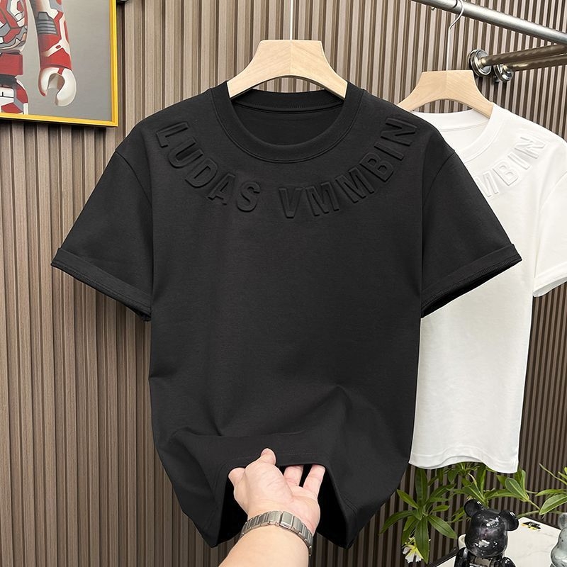 Ανδρική κοντομάνικη T-shirt από Ice Silk, μονόχρωμη, με ανάγλυφα γράμματα, χαλαρή γραμμή, στρογγυλός λαιμός, βασικό τοπ