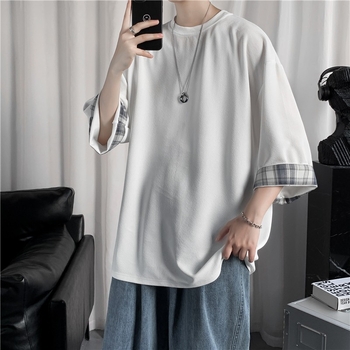 Ανδρική κοντομάνικη μπλούζα Ice Silk, ελαφριά για καλοκαίρι, στυλ Χονγκ Κονγκ, ελεύθερη γραμμή, σχέδιο patchwork, μανίκι 3/4