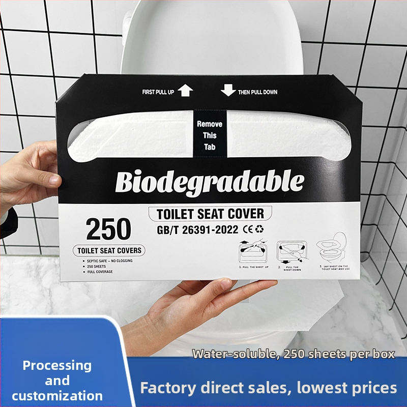 Jednokratne navlake za sjedište WC-a, crno-bijele, topljive u vodi, veličina 360×425 mm, sirovina drvena celuloza, paket 250 komada, za hotele i zrakoplovstvo