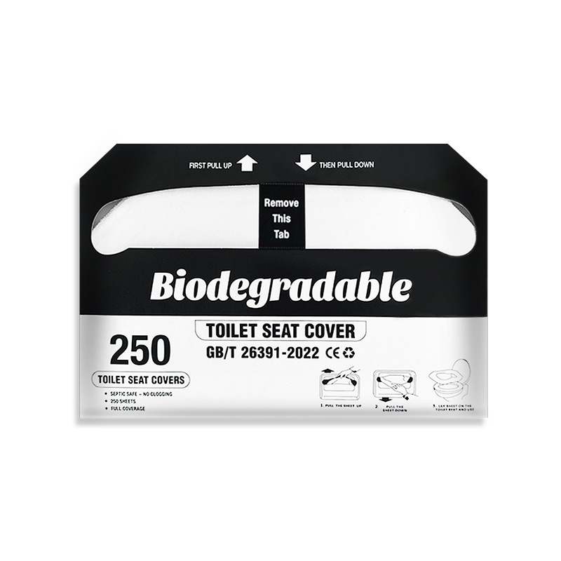 Jednokratne navlake za sjedište WC-a, crno-bijele, topljive u vodi, veličina 360×425 mm, sirovina drvena celuloza, paket 250 komada, za hotele i zrakoplovstvo