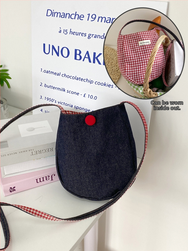 Slatka torba od denima, jajolikog oblika, crossbody za žene, japanski karirani uzorak, dvostrana