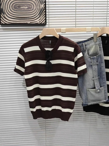 Ανδρικό T‑shirt με μαύρες και λευκές ρίγες, πλεκτό ύφασμα, κοντό μανίκι, στρογγυλός λαιμός, ice silk