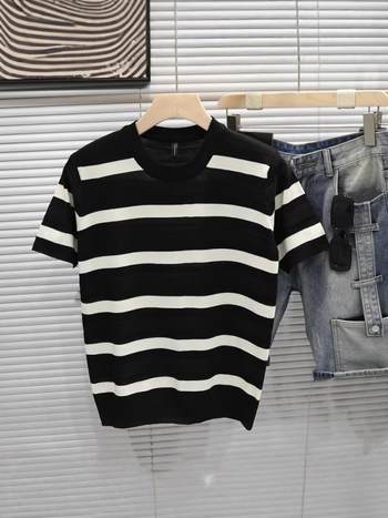 Ανδρικό T‑shirt με μαύρες και λευκές ρίγες, πλεκτό ύφασμα, κοντό μανίκι, στρογγυλός λαιμός, ice silk