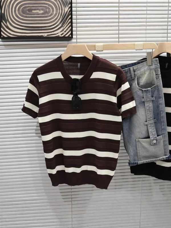Ανδρικό T‑shirt με μαύρες και λευκές ρίγες, πλεκτό ύφασμα, κοντό μανίκι, στρογγυλός λαιμός, ice silk
