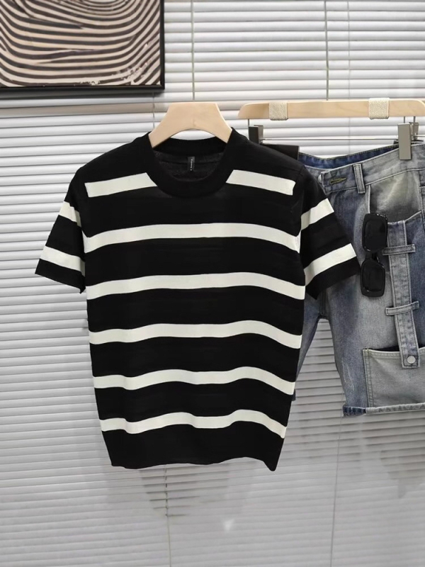 Ανδρικό T‑shirt με μαύρες και λευκές ρίγες, πλεκτό ύφασμα, κοντό μανίκι, στρογγυλός λαιμός, ice silk