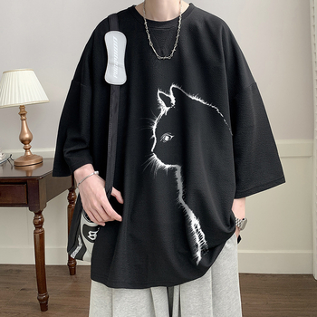 Muški T-shirt s otiskom mačke, kratki rukav, hongkonški stil, ljeto, materijal od ice silk, opušten kroj, brzo sušenje, plus veličina