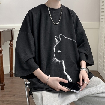 Muški T-shirt s otiskom mačke, kratki rukav, hongkonški stil, ljeto, materijal od ice silk, opušten kroj, brzo sušenje, plus veličina