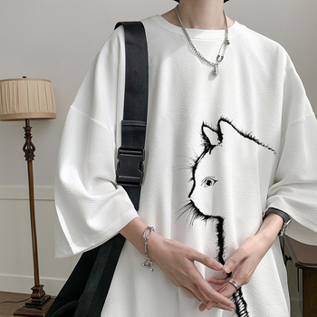 Muški T-shirt s otiskom mačke, kratki rukav, hongkonški stil, ljeto, materijal od ice silk, opušten kroj, brzo sušenje, plus veličina