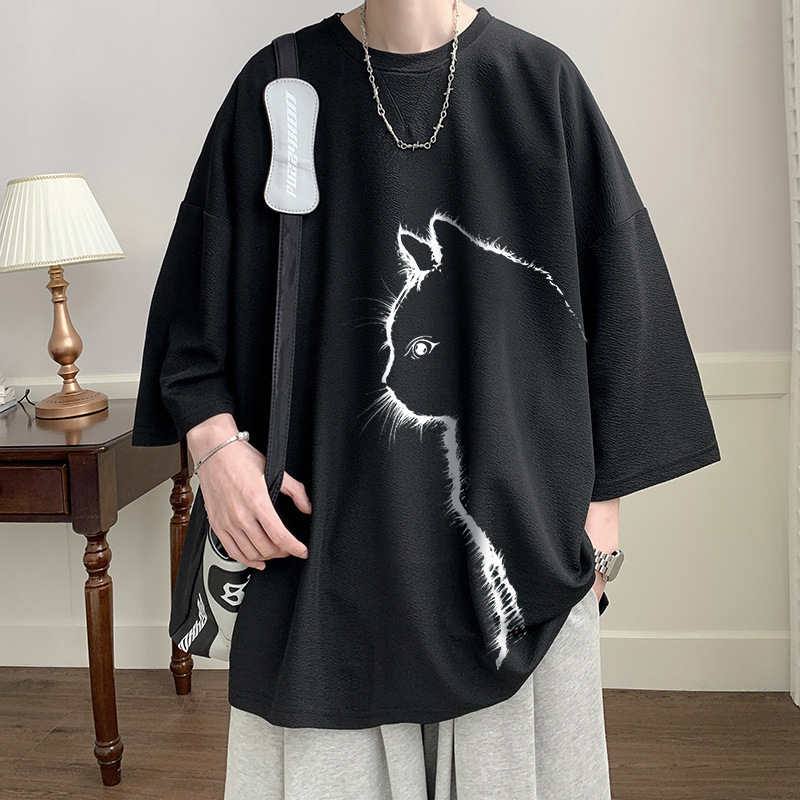 Muški T-shirt s otiskom mačke, kratki rukav, hongkonški stil, ljeto, materijal od ice silk, opušten kroj, brzo sušenje, plus veličina