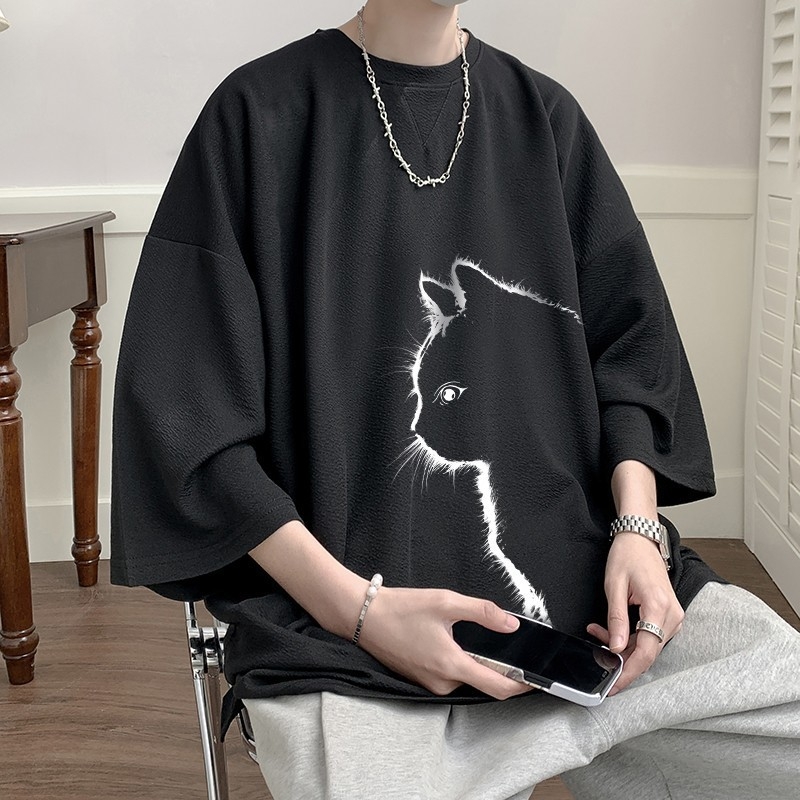 Muški T-shirt s otiskom mačke, kratki rukav, hongkonški stil, ljeto, materijal od ice silk, opušten kroj, brzo sušenje, plus veličina