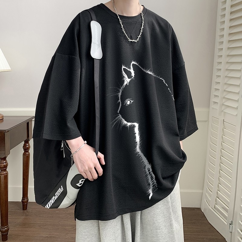 Muški T-shirt s otiskom mačke, kratki rukav, hongkonški stil, ljeto, materijal od ice silk, opušten kroj, brzo sušenje, plus veličina