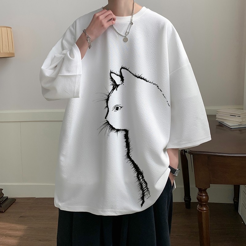 Muški T-shirt s otiskom mačke, kratki rukav, hongkonški stil, ljeto, materijal od ice silk, opušten kroj, brzo sušenje, plus veličina
