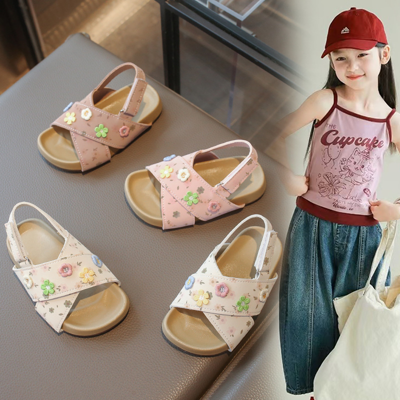 Dječje Birkenstock-stil sandale — sandale za princeze za ljeto 2026, PU s floralnim uzorkom, otvoreni vrh prsta, Velcro zatvaranje