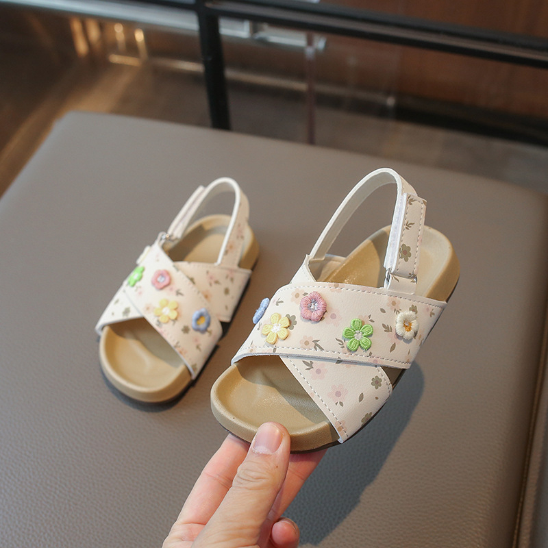 Dječje Birkenstock-stil sandale — sandale za princeze za ljeto 2026, PU s floralnim uzorkom, otvoreni vrh prsta, Velcro zatvaranje