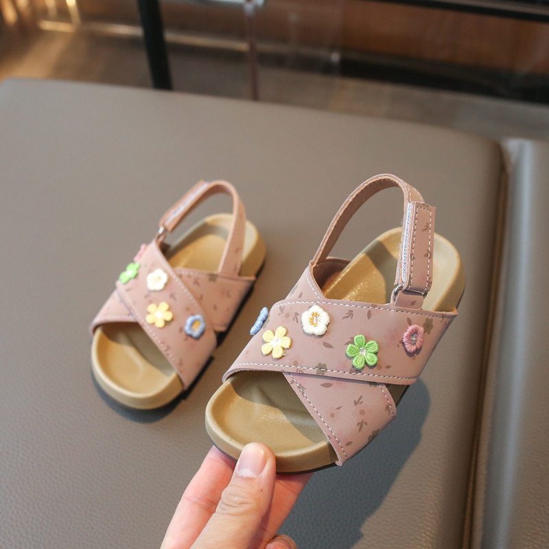 Dječje Birkenstock-stil sandale — sandale za princeze za ljeto 2026, PU s floralnim uzorkom, otvoreni vrh prsta, Velcro zatvaranje