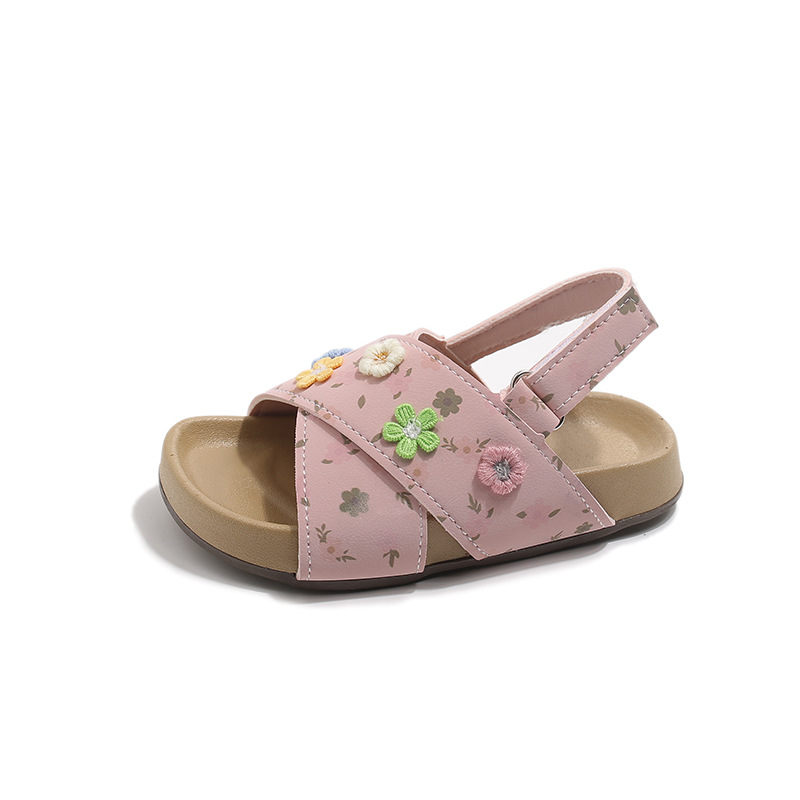 Dječje Birkenstock-stil sandale — sandale za princeze za ljeto 2026, PU s floralnim uzorkom, otvoreni vrh prsta, Velcro zatvaranje