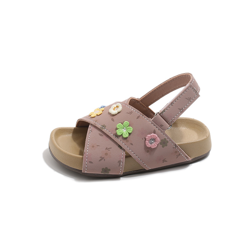 Dječje Birkenstock-stil sandale — sandale za princeze za ljeto 2026, PU s floralnim uzorkom, otvoreni vrh prsta, Velcro zatvaranje