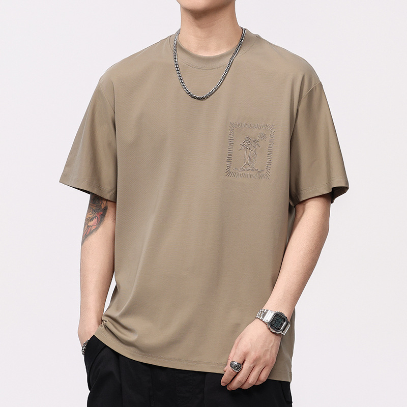 Ανδρικό κοντομάνικο T‑shirt με κέντημα από μετάξι μουριάς, δροσερό ελαφρύ ύφασμα, στρογγυλός λαιμός, καλοκαίρι 2026