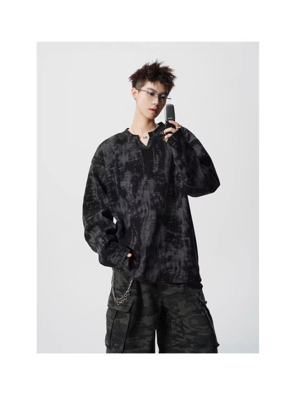 Férfi Corduroy anyagú V-nyakú alapfelső, Tie-Dye minta, lazább szabás, ősz 2025