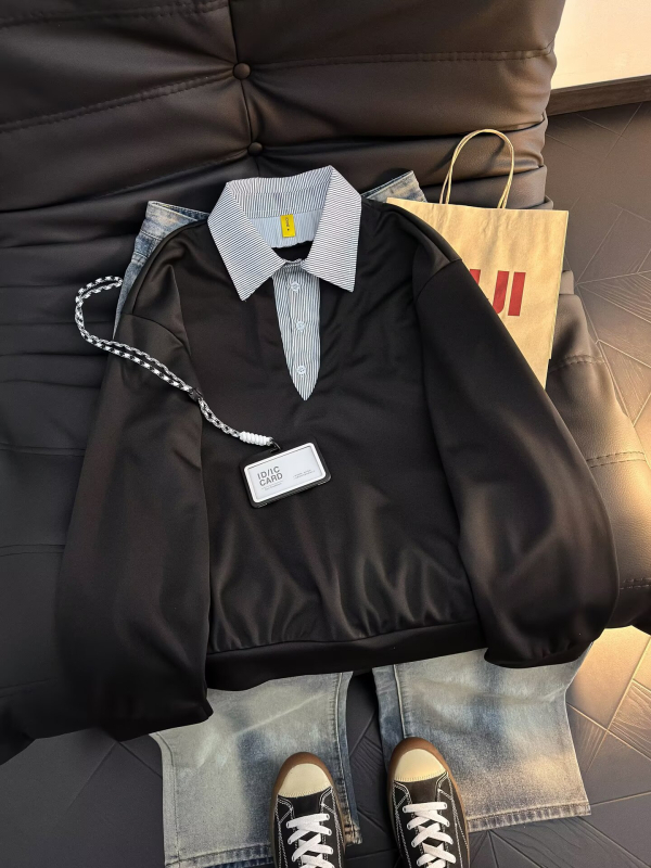 Muška polo majica s dugim rukavima u blok bojama, s izvezenim slovima, hongkonški stil, američki retro stil, udoban slobodan kroj, polu-zip zatvarač