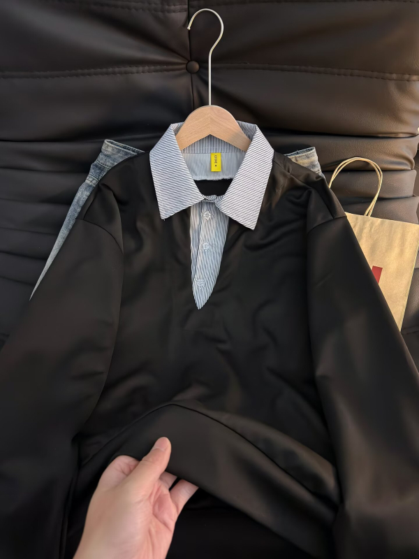 Muška polo majica s dugim rukavima u blok bojama, s izvezenim slovima, hongkonški stil, američki retro stil, udoban slobodan kroj, polu-zip zatvarač